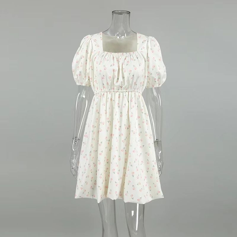 

French style New Fashion Square Collar Puff sleeve High Waist Dress Square Collar Printed Dress Print L