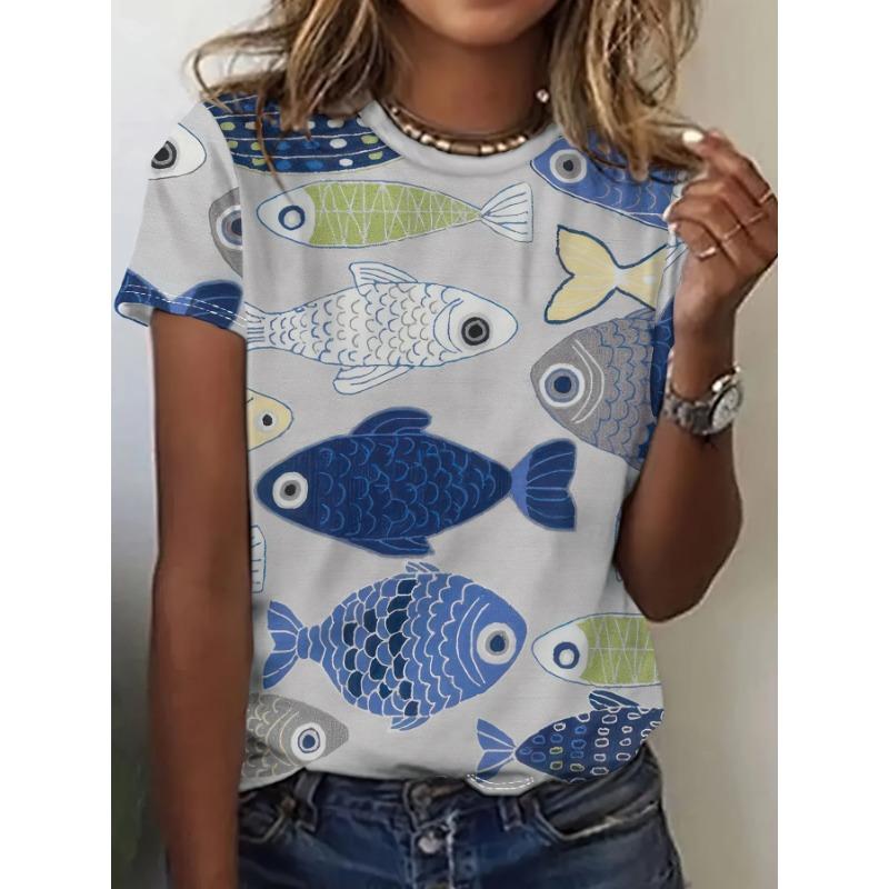 Summer Round Neck 3D Funny Cartoon Animal Print Top Fashionable Casual Short Sleeved Women's T-shirts