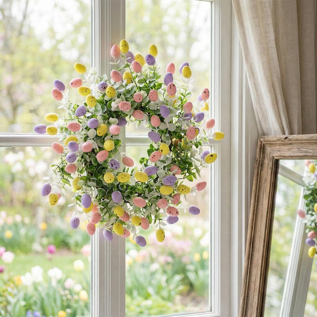 Artificial Flower Wreath with Easter Eggs Spring Wreath Hanging Decoration for Door Wall Window Festival Celebration