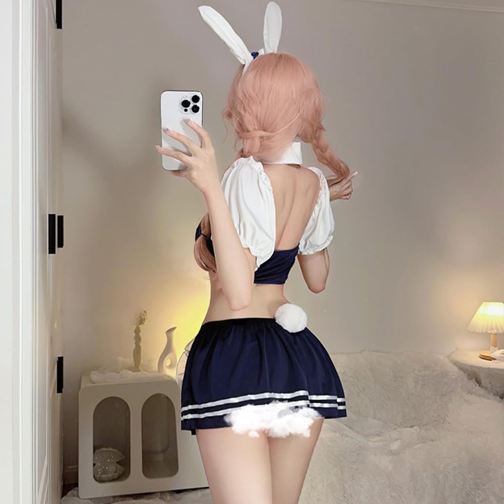 Bunny Girl Maid Clothes Apron School Swimsuit Blue Open Chest Sexy Cosplay Reverse Bunny Open Back Extremely Sexy Erotic Baby Doll Cute Headband