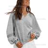 New Autumn and Winter Women's Lace Design Loose Pullover Solid Color V-neck Sweatshirt