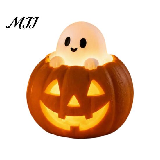 Fantasy Harz Ornamente Halloween Kürbis Lampe, Gotische Leuchtende Tischdeko für Zuhause, Dunkle Raum Akzente Gruseliger Drache Geist Schwarze Katze Ornament,