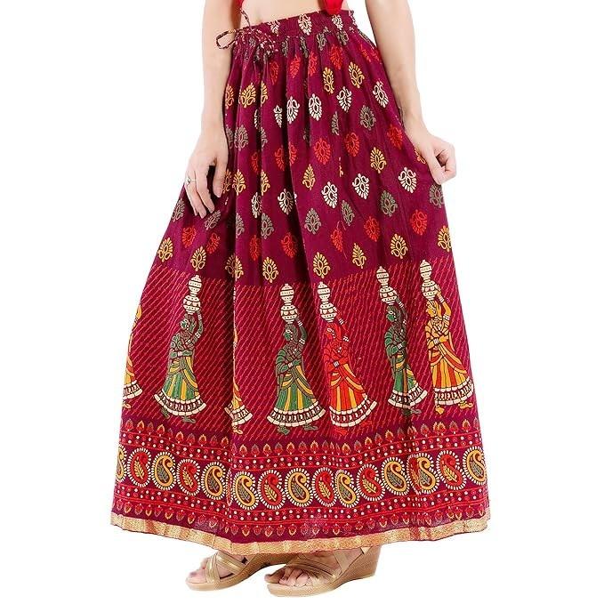 Maroon Hand Block Printed Ethnic Long Skirt Indian Designer Flared Skirt Dress