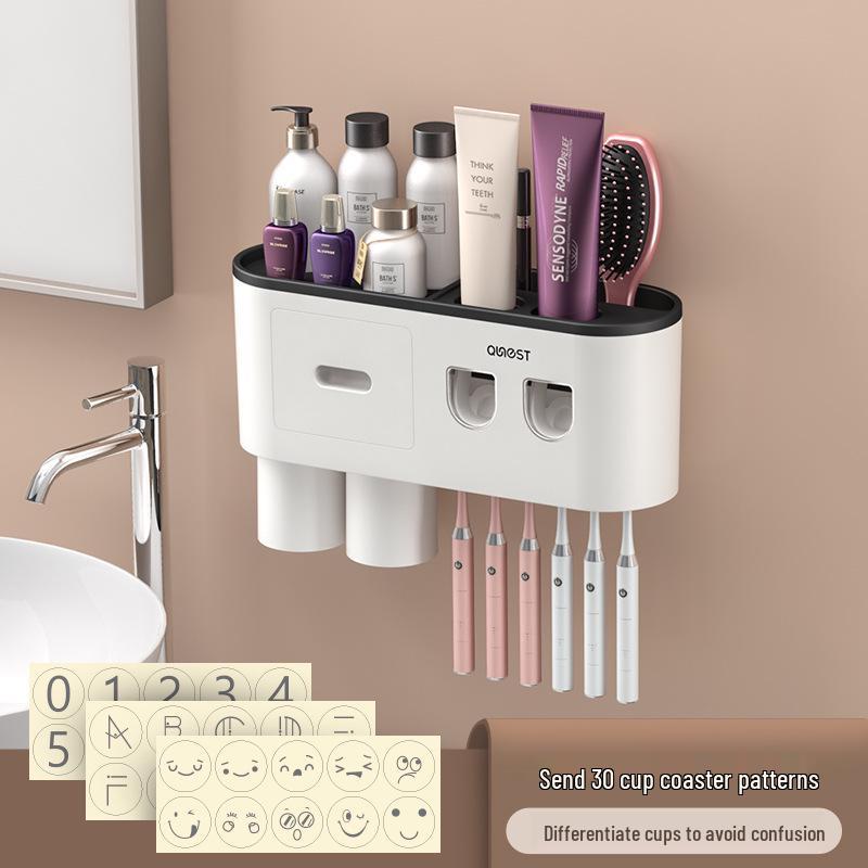 Punch-Free Wall-Mounted Toothbrush & Mouthwash Cup Set with Electric Toothpaste Dispenser