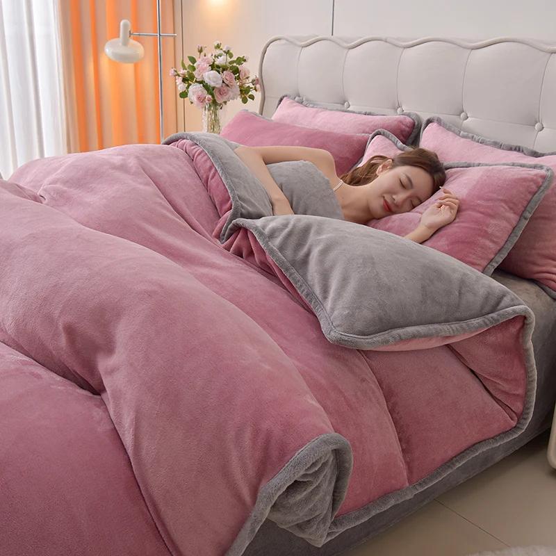 Simple Wind Milk Fleece Four-piece Set Thickened Coral Fleece Solid Color Bed Sheet Quilt Cover Single Piece Fleece Winter