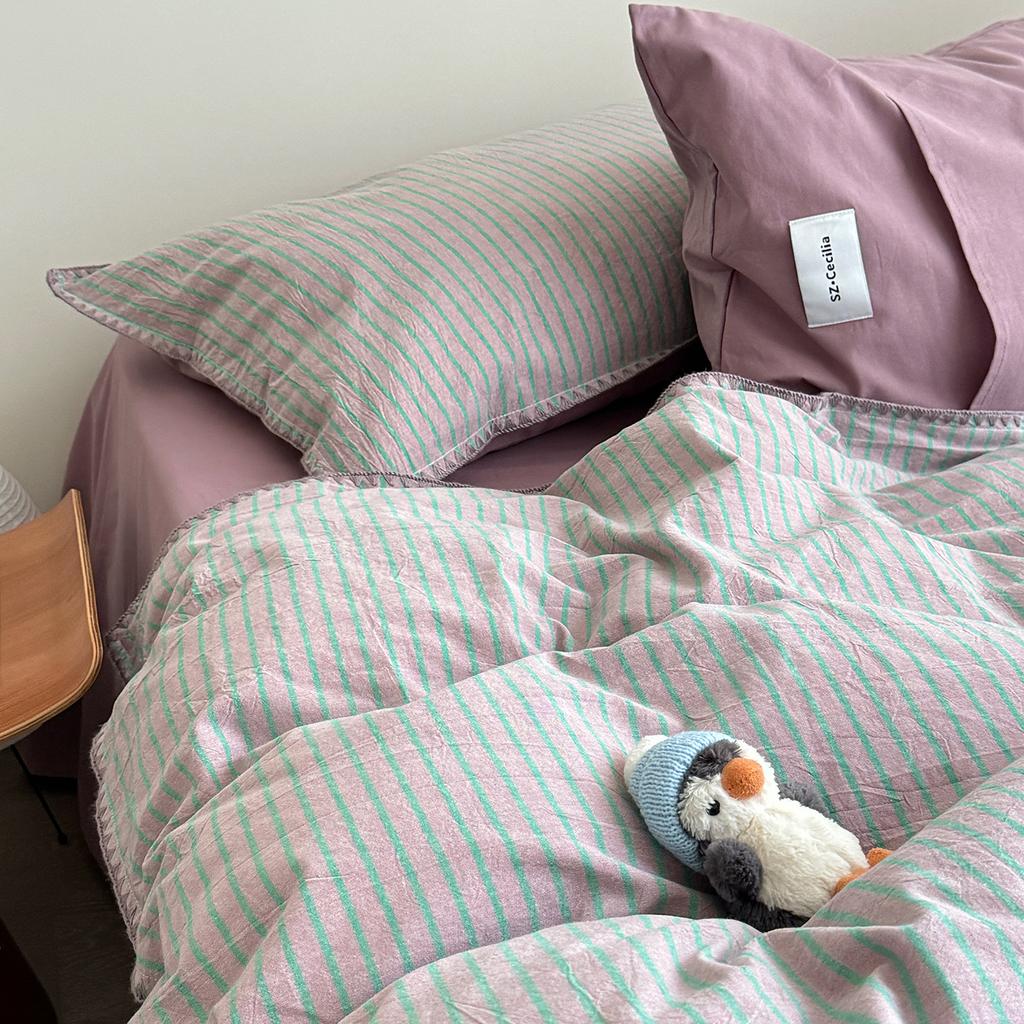 Yarn-Dyed Washed Cotton, Pure Cotton 100% Cotton Striped Quilt Cover Bed Sheet Dormitory