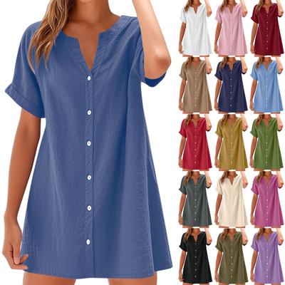 Women's Casual Fashion Linen Dress V-Neck Button Short Sleeve Loose Dress