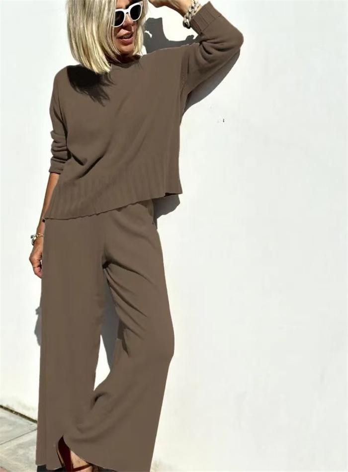 Spring 2025 Elegant Knit Wide-Leg Pants & Sweater Set - Casual Two-Piece Ensemble