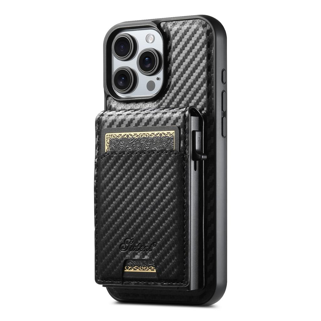 SUTENI H19 For iPhone 16 Pro Magnetic Case Carbon Fiber Texture Leather Back Cover with Card Bag