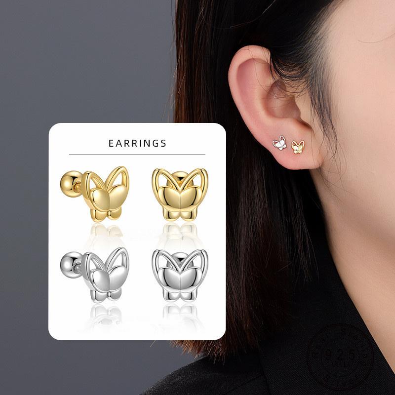 Authentic 925 Sterling Silver Stud Earrings for Women Cute Double Layered Hollow Butterfly Earrings Wedding Engagement Jewelry