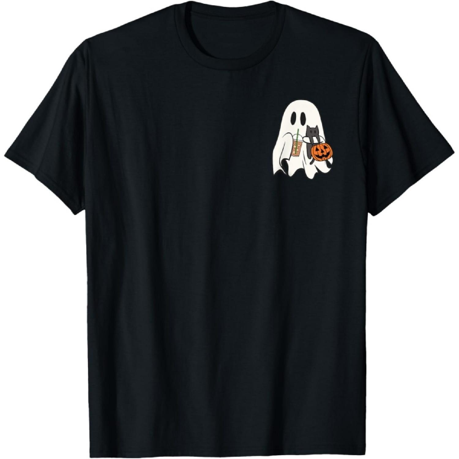 Cute Ghost Cat Iced Coffee Spooky Season Halloween Costume Men Women Kids T-Shirt S