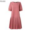 ZANZEA Women Casual Round Neck Solid Color Short Sleeve Pleated Dress