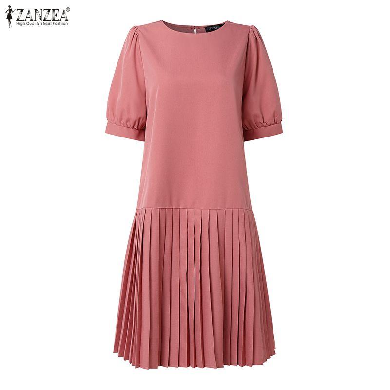 ZANZEA Women Casual Round Neck Solid Color Short Sleeve Pleated Dress