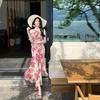 French vacation fishtail dress women's summer neck off shoulder sleeveless waist long skirt