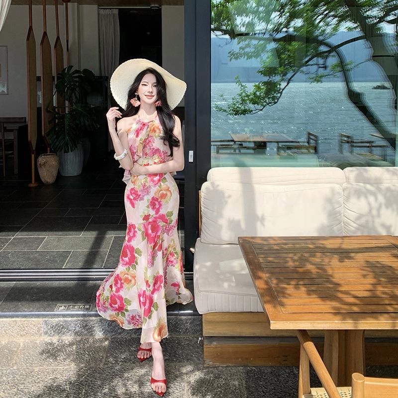 French vacation fishtail dress women's summer neck off shoulder sleeveless waist long skirt