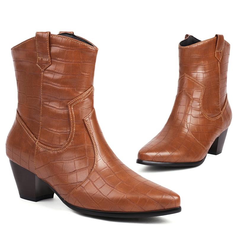 Yellow Brown Women's Ankle Boots New 2025 Autumn Winter Western Short Cowboy Boot Shoes Black Low Heels Party Footwear Shoes