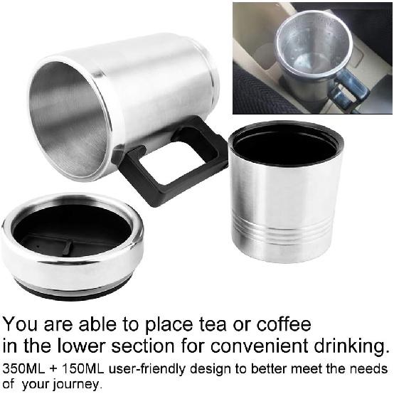 Qiilu Heated Travel Mug 12V Electric Car Kettle Boiler Stainless Steel Heating Cup Coffee Tea Warmer Cup 350ML+150ML