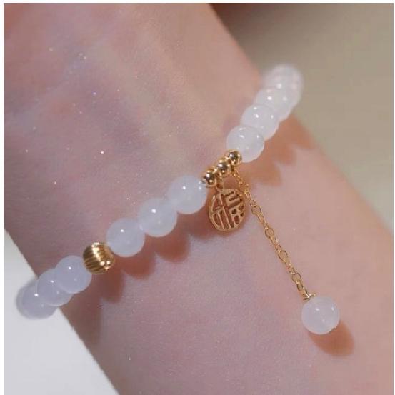 White Jade Fortune Bracelet, Natural Hetian Jade White Jade Bracelet, Chinese Style Long Chain White Jade Bracelet with Fortune Charm, Niche for Natural Hetian White Jade