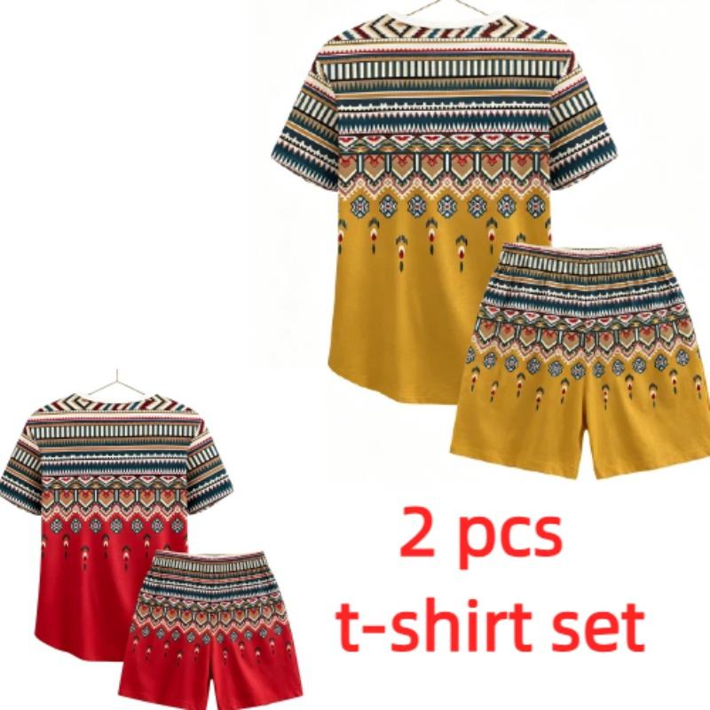 Summer Fashion Ethnic Style Geometric 3D Printed Round Neck Short Sleeved Kids T-Shirt And Shorts Set Boy's and Girl's T-shirt Shorts Set