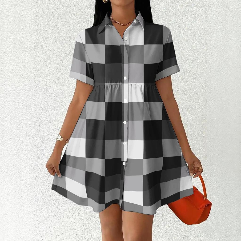 Casual Loose Fit Shirt Dress with Button Front and Stand Collar Short Sleeve Relaxed Fit Plaid Pattern Dress for Women