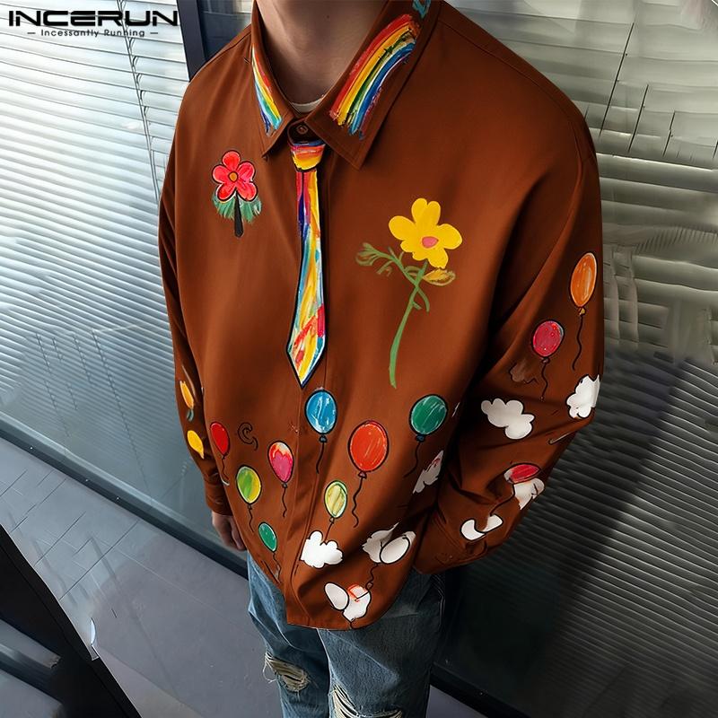 Oversized Neck Men Incerun Lapel Buttons Up Floral Print Casual Long Sleeve Shirts