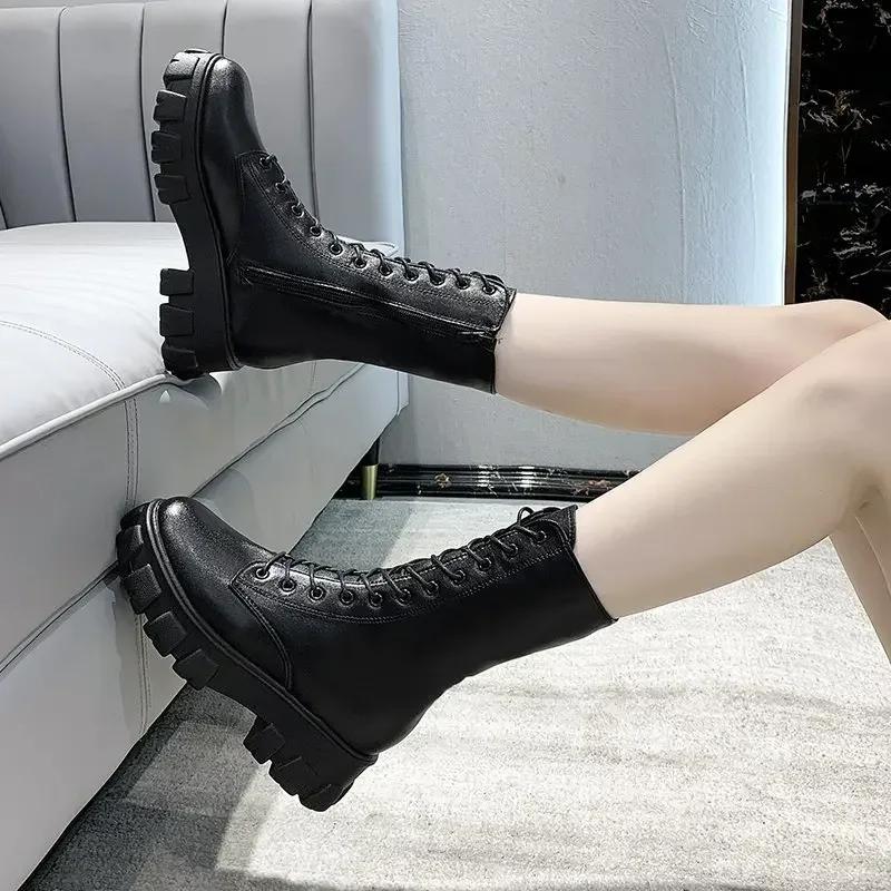 New Mid Calf Boots Women Autumn Winter Fashion Lace-up Ladies Chelsea Zipper Botas Mujer Boots Sports Platform Heel Ladies Shoes