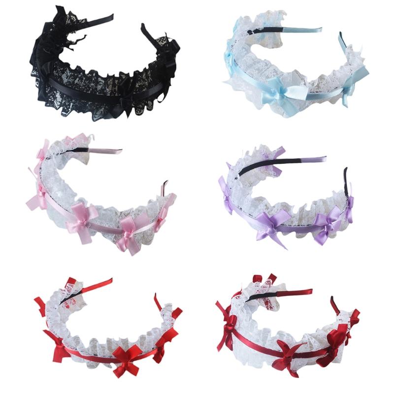 Women Mesh Ruffles Lace Headdress Lovely Ribbon Bowknot Headband Maid Anime Cosplay Gothic Novelty Hair Hoop Props