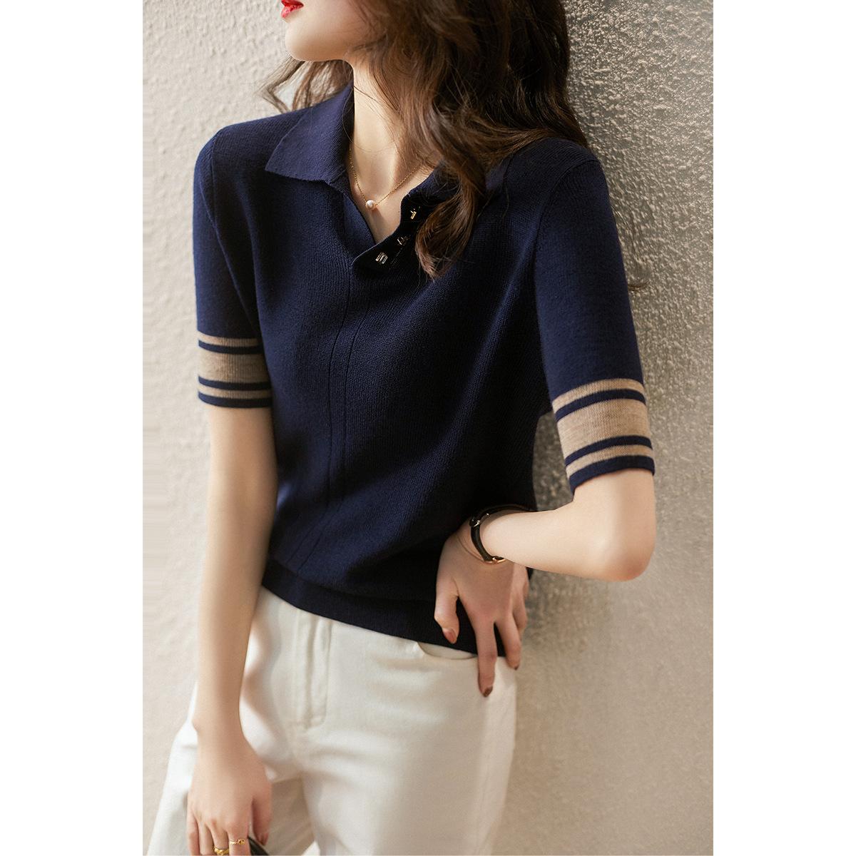 

Doll Collar Ice Silk Short Sleeve Knitted Top Women s Summer New Half Medium Sleeve Bottom Shirt Lapel T-Shirt Thin One size fits all