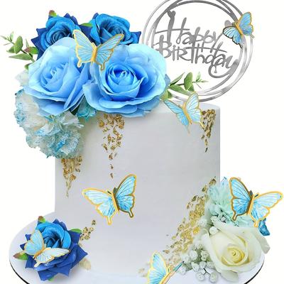 19 piezas de adornos para tartas de flores, mariposas, decoraciones para tartas de feliz cumpleaños con flores artificiales de rosas azules, mariposas de eucalipto para fiestas y bodas (azul)