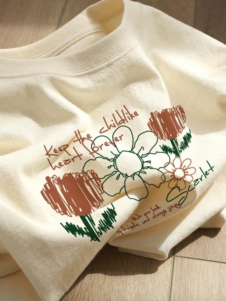 American Vintage Short Sleeve Pure Cotton T-Shirt 2026 New Women's Summer Loose Plus Size Trendy Printed Casual Round Neck Top