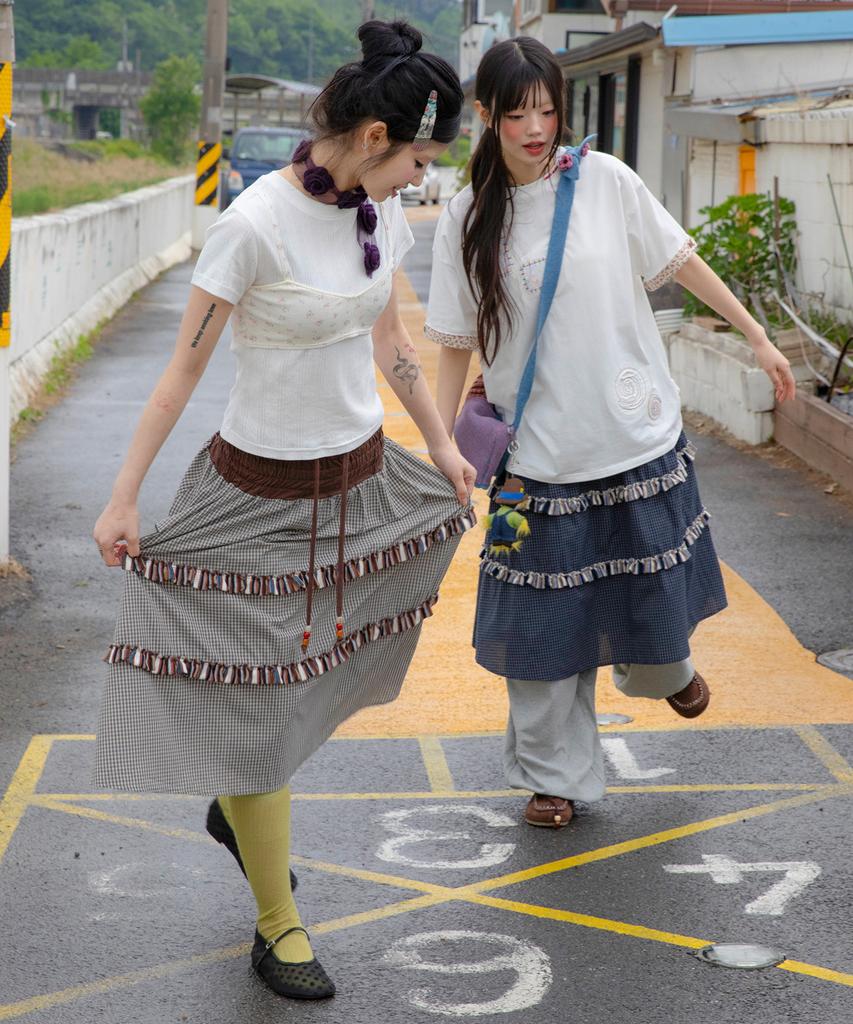 Lunakihu Wxsk019 Yurarimori Check Smoked Banding Skirt (Navy)