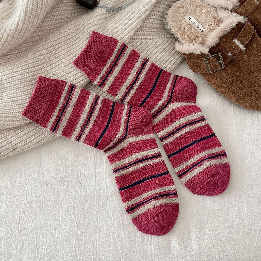 Thick Line Striped Color Blocking Contrast Imitation Mink Furry Socks Sweet Season Warm Socks