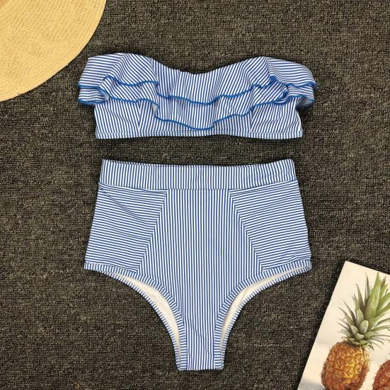 2Pcs/Set Women Bikini Set Ruffle Trim Bandeau Padded Push-Up Bra High Waisted Briefs Set Striped Print Beachwear