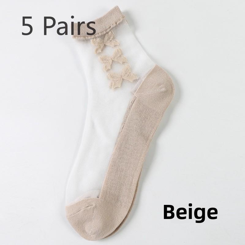 

5 пар модных прозрачных носков с бантом и цветочным узором, прозрачные шелковые носки с кристаллами для женщин 5 Pairs бежевый