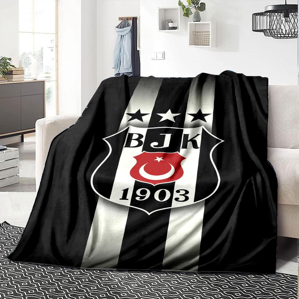 Black White Vertical Stripe Football Club Badge Print Flannel Throw Blanket, Soft Warm Cozy Bed Sofa Cover for Home Decor