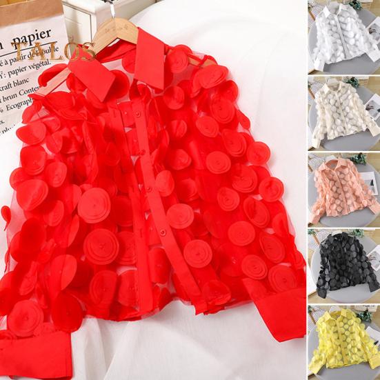 Women Summer Chiffon Shirt Lapel Lantern Long Sleeve Shirt Tops 3D Floral Print Semi-Sheer Mesh Splicing Single Breasted Blouse