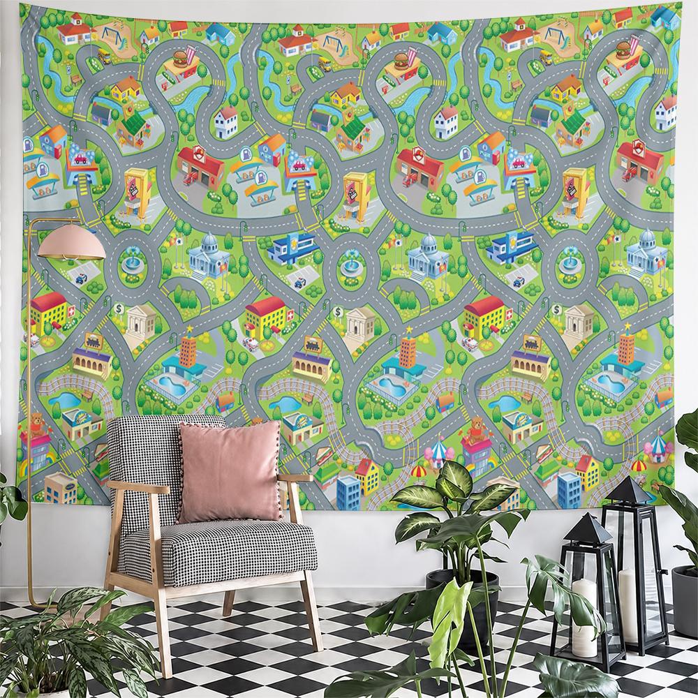 Colorful cartoon city map roads buildings Patterned tapestry for bedroom and living room home decor sofas