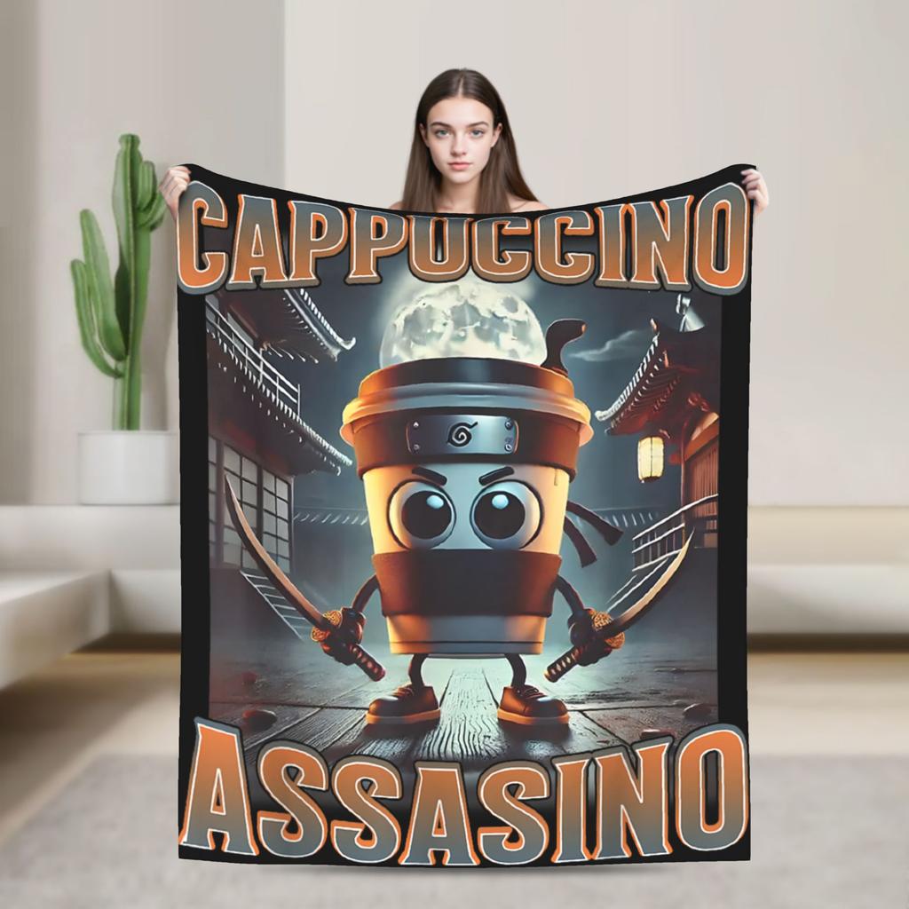 Italian Brainrot Cappuccino Assassino Fun Cappuccino Meme Blanket Soft Funny Plush Throw Blanket For Flannel Bedspread Bed Cover