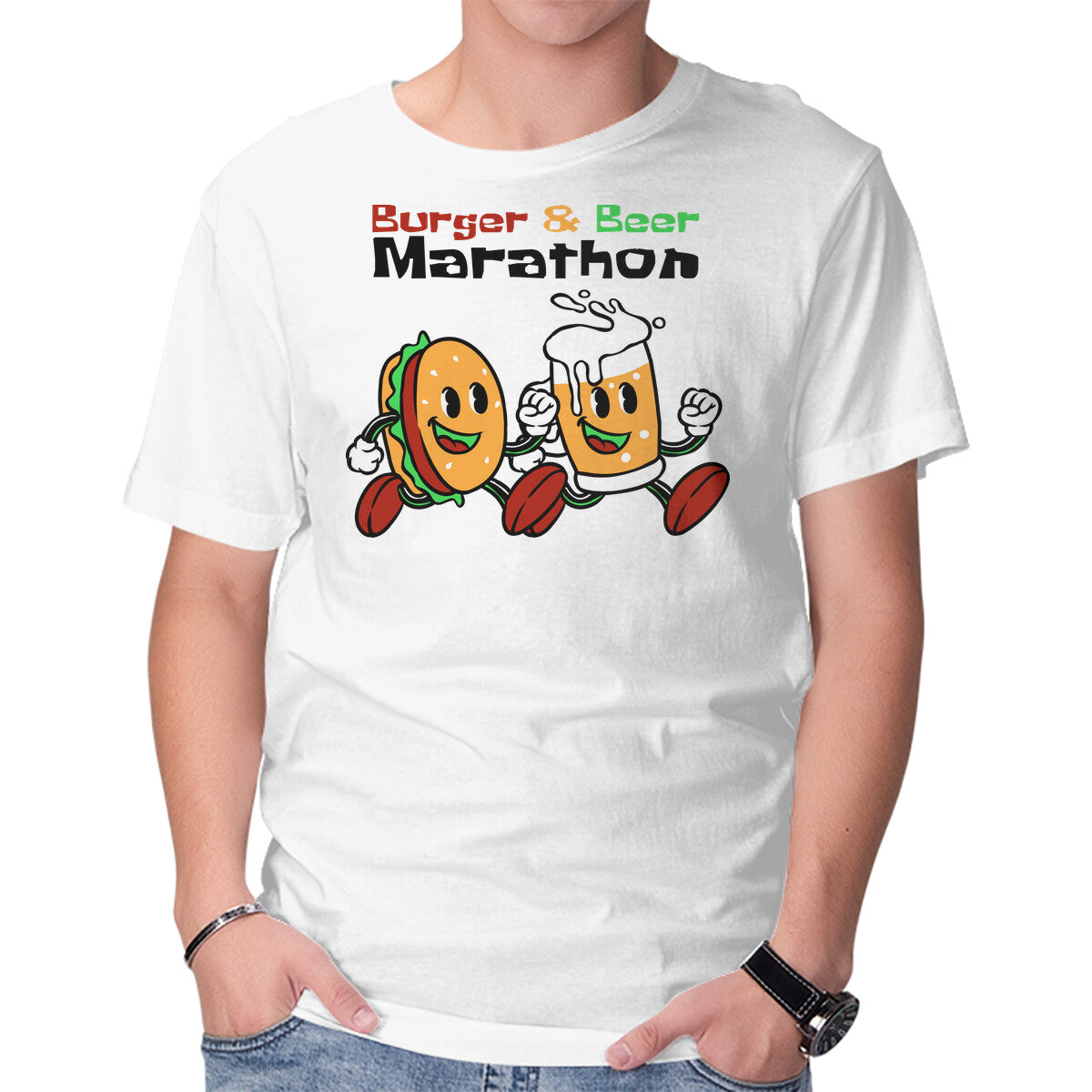 Unisex Crew Neck T-Shirt Burger And Beer Marathon Graphic Short Sleeve Casual Tee XXL