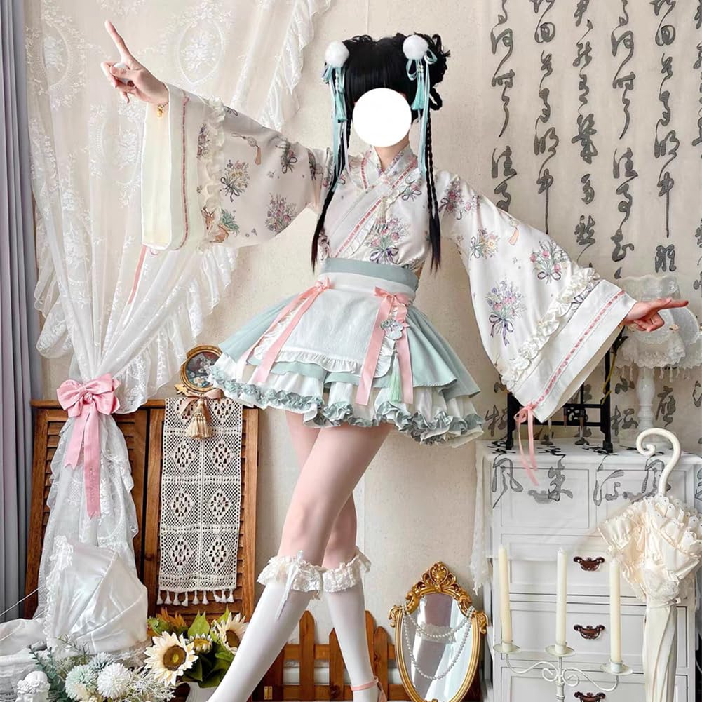 Maid Set with Chinese Printed Flared Mini and Bow Perfect for Everyday and Anime Conventions Size [SDSXZWG] Women's 4-Piece Skirt, Style, Piping,