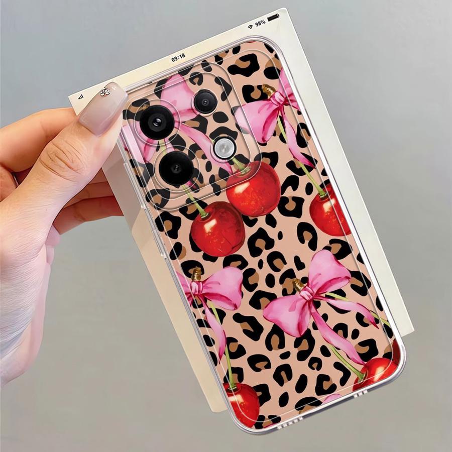 Leopard-patterned Cherry Case for Xiaomi Redmi Note 14 Pro Plus Note 13 13C 9 10 11S 14C 12 A4 12S 10S 11 Soft Phone Cover
