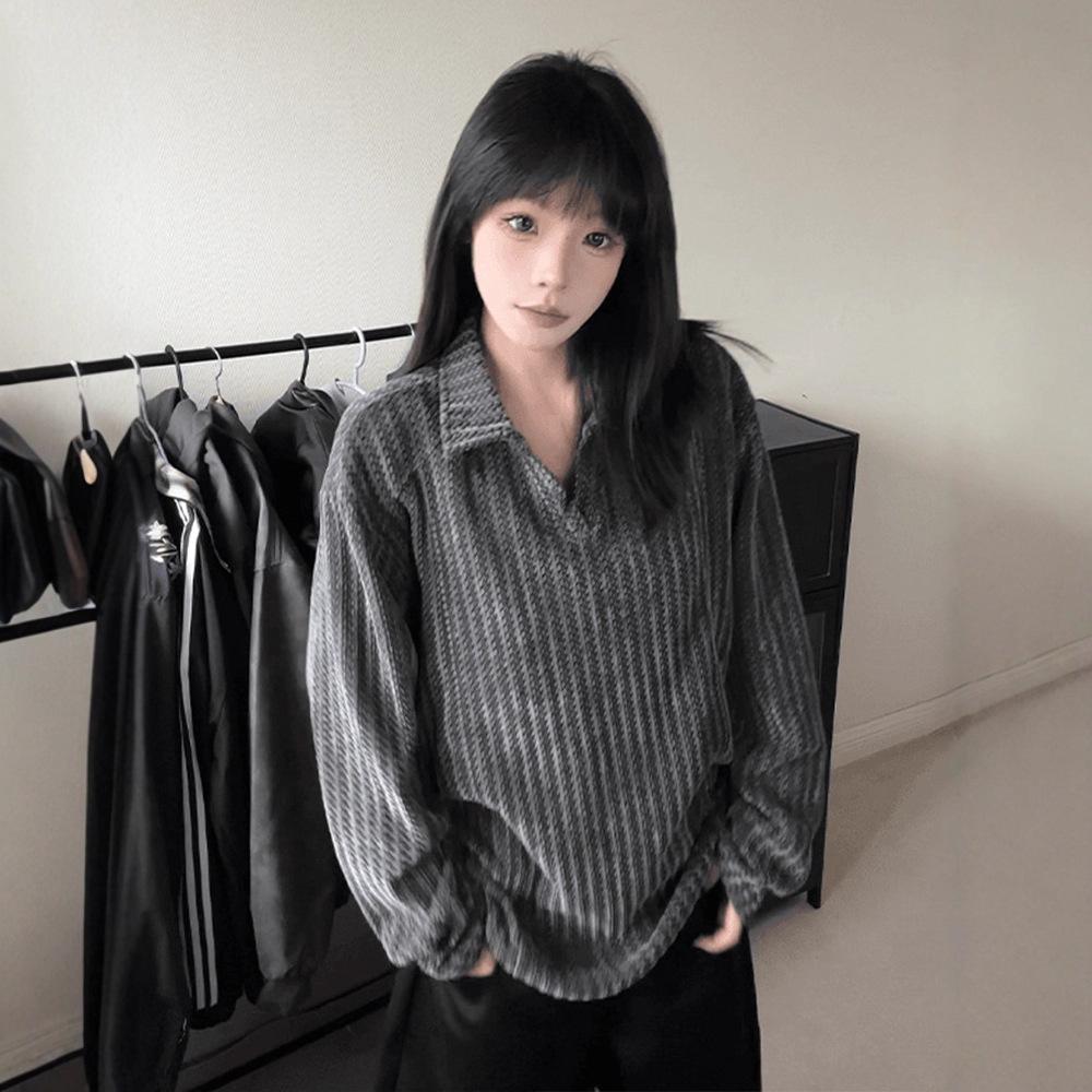 Men's Autumn Trend Brand American Bottom Shirt Black and White Striped Long Sleeves