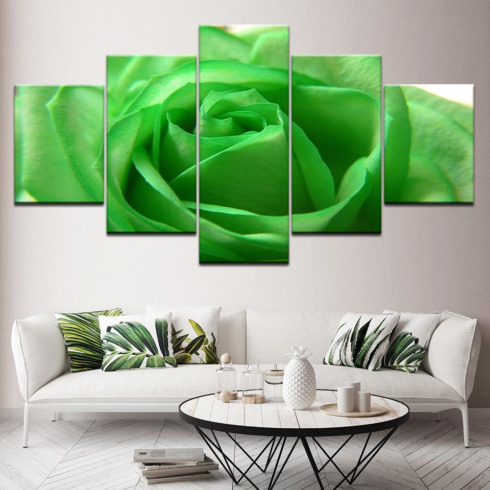 5 panel green rose flower Canvas Wallpapers modern Poster Modular art painting for Living Room Home Decor