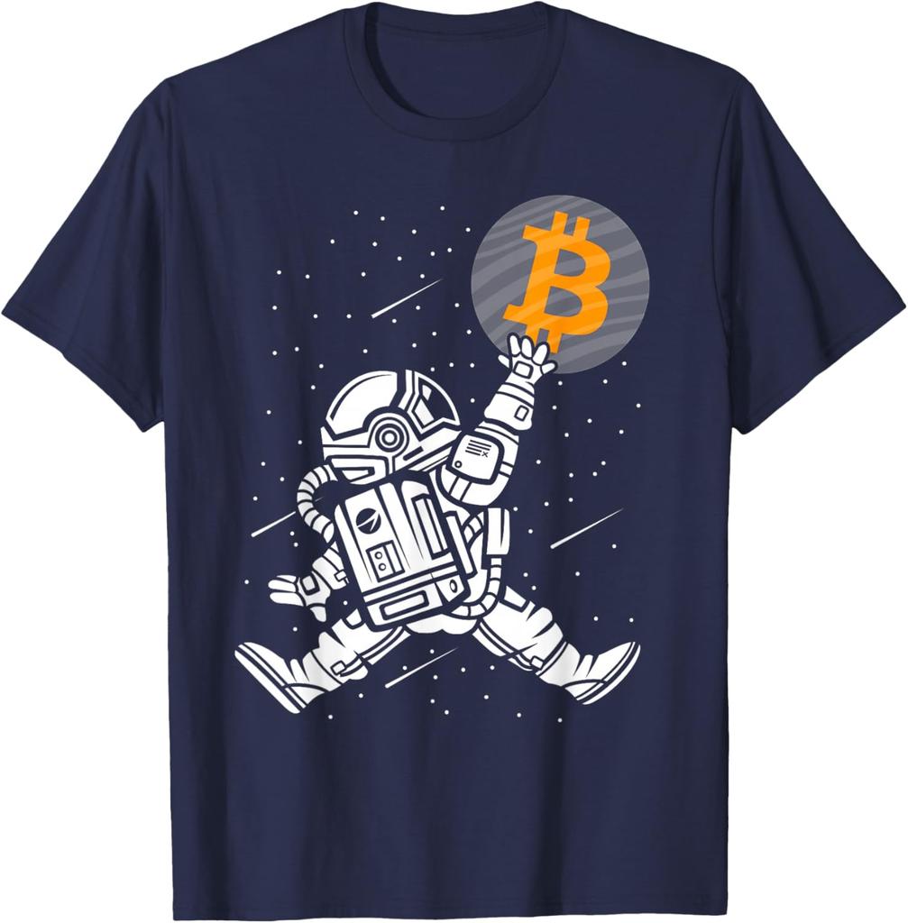 Bitcoin Astronaut Reaching for BTC Crypto Trader Graphic Tee Men Casual Short Sleeve