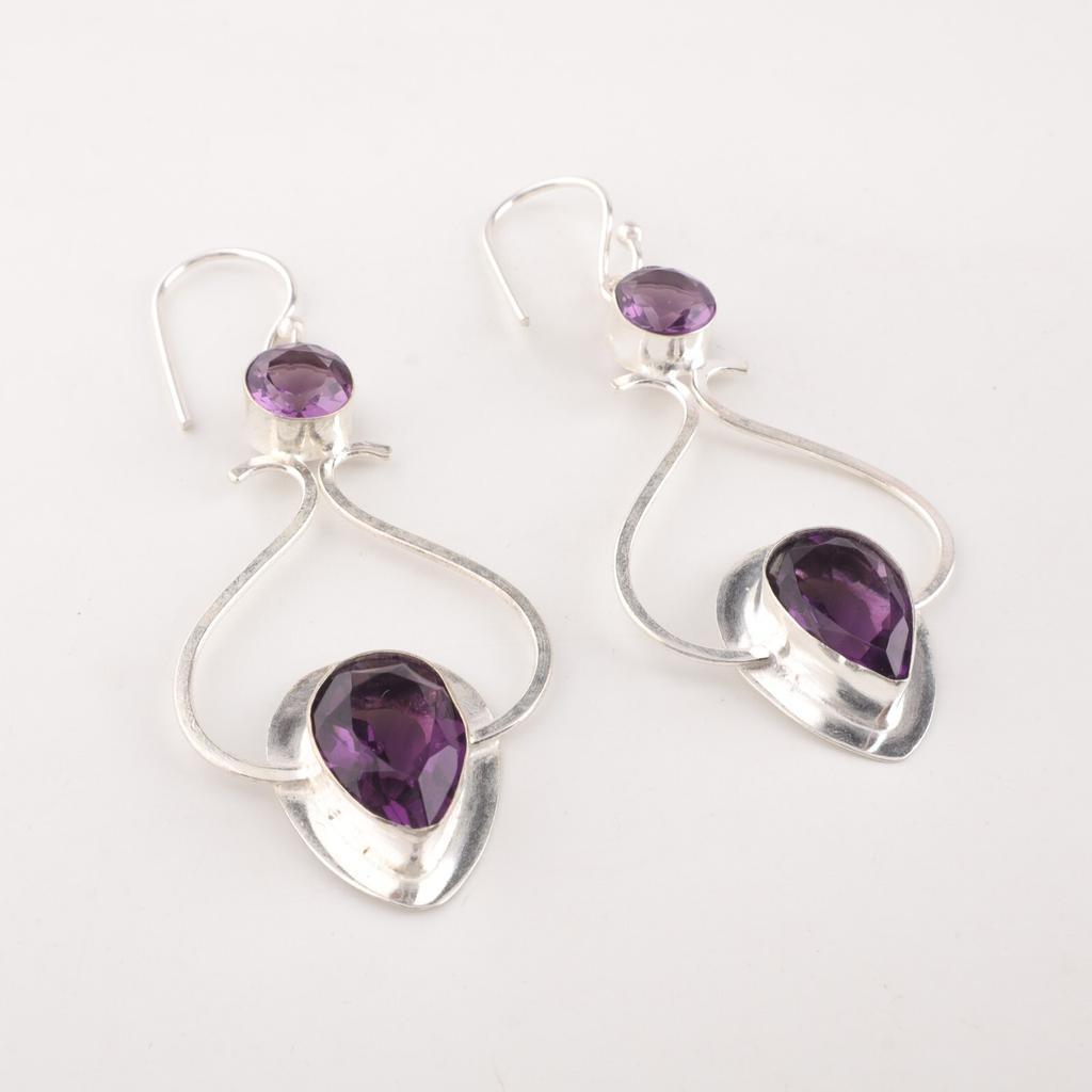 Naturlig Ametist Ädelsten 925 Sterling Silver Smycken Handgjorda Örhängen 2,07" EE-170-16