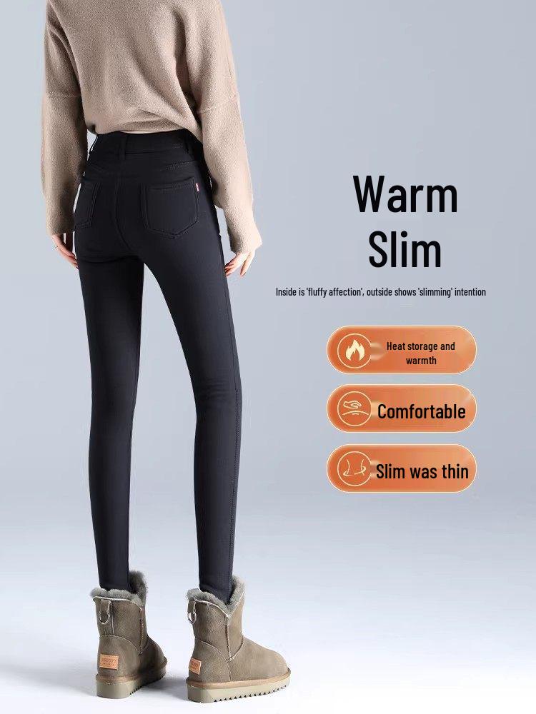 Women's Black High-Waisted Fleece-Lined Leggings, 2025 Winter Style, Thick, Elastic, Slim-Fit