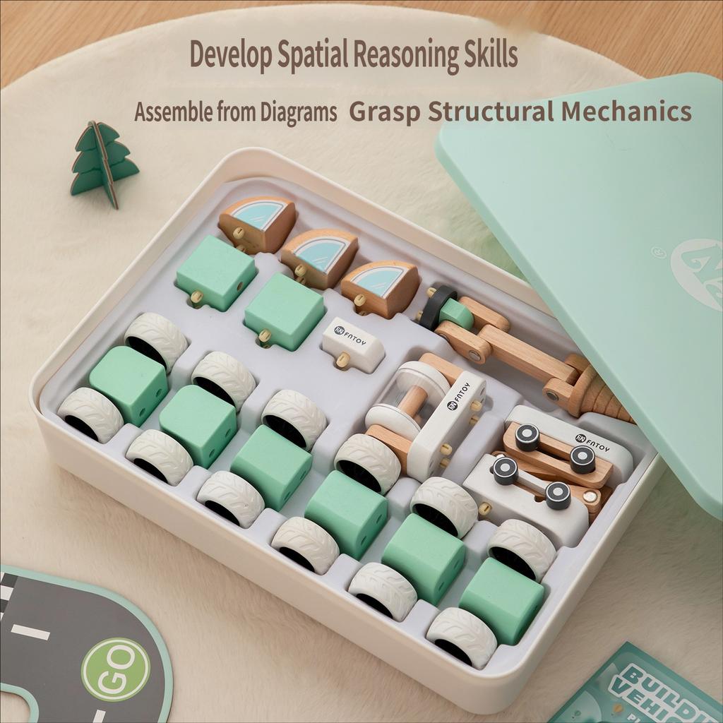 Wooden Children'S Engineering Vehicle Boy'S Variety Assembled Building Blocks Toy Car Set School Gift-Giving Educational Toys