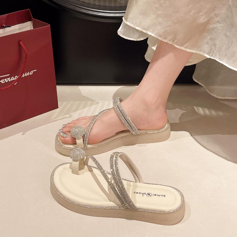 Beautiful Slippers Women's Summer Outer Wear New Set of Toe Rhinestones with Skirt Flat-bottomed Beach Sandals