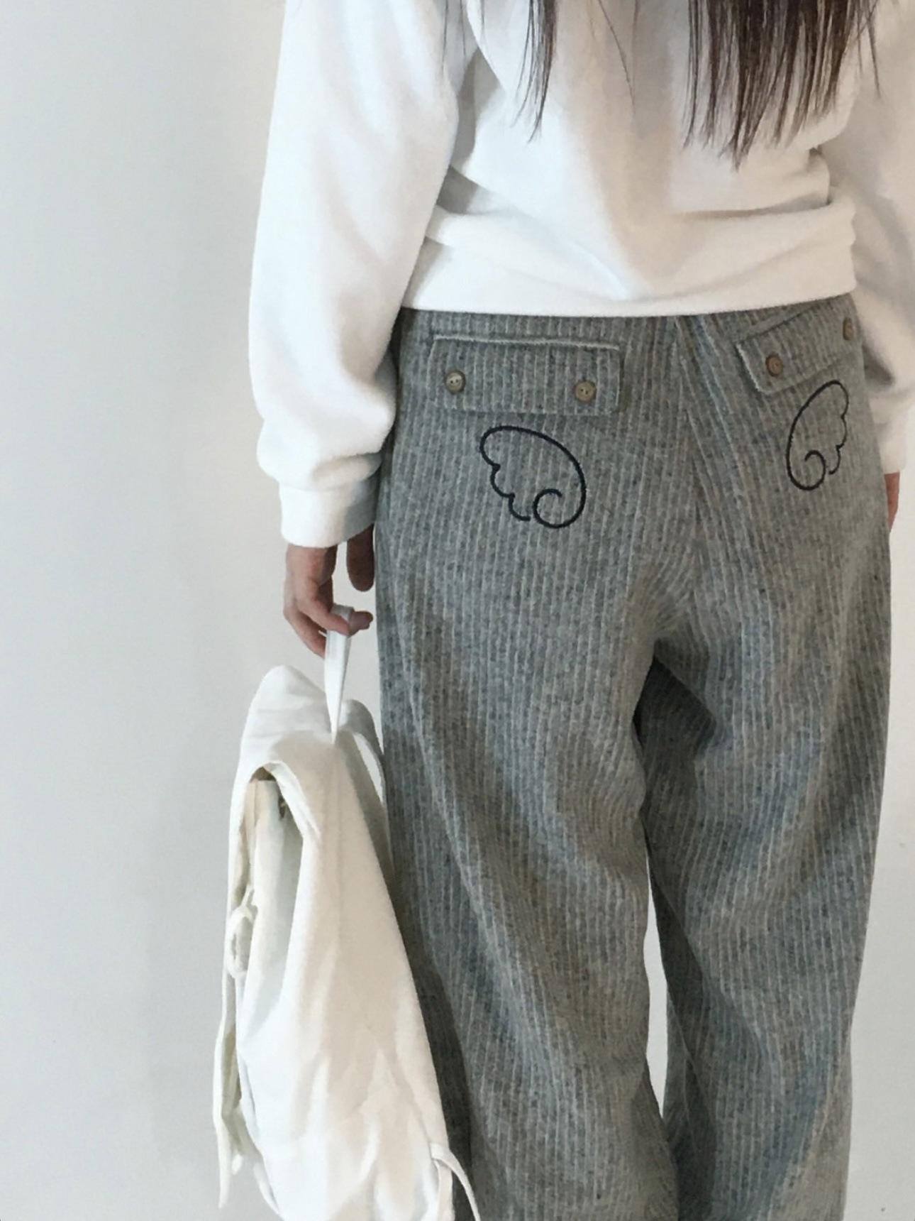 

Vertical Stripe Wing Embroidery Loose Straight-Leg Pants with Drawstring Waistband One Size темно-серого