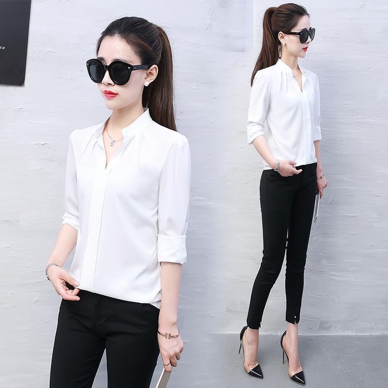 Long Sleeve Shirt Women Spring Autumn Clothing Fashion Slim Blouse V Neck Korean Elegant Ladies Office Shirts White Red